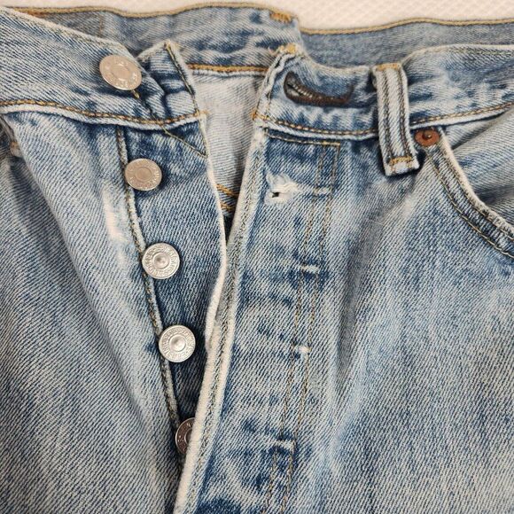 Levi's 501 Button Fly Cut Off Jean Shorts Mens 31 Blue Denim Upcycled Destroyed - Picture 4 of 11
